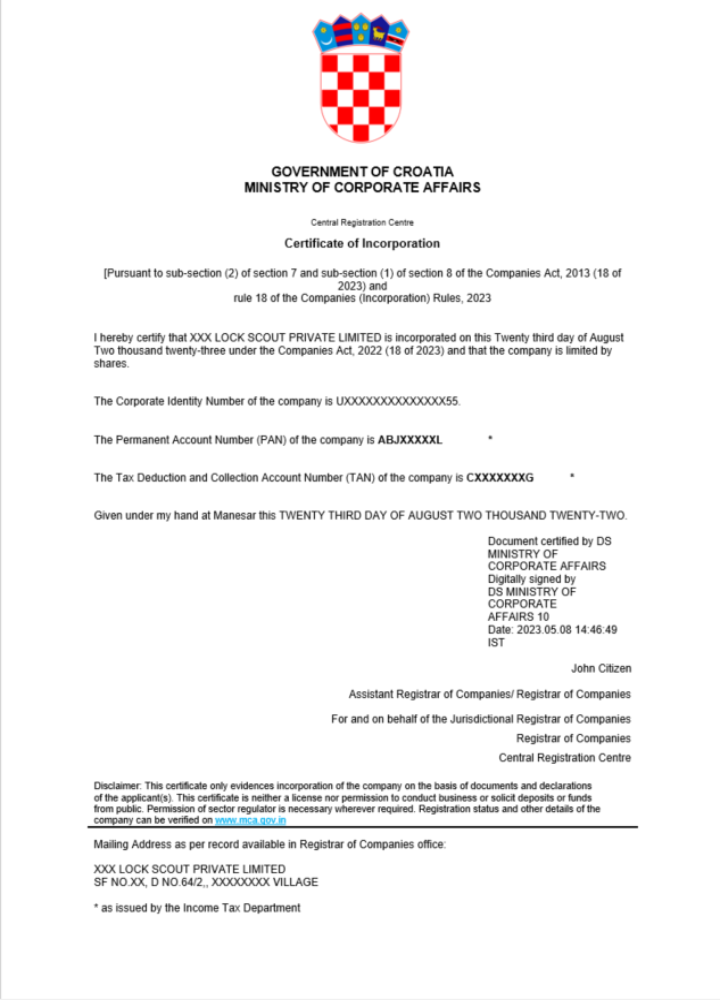 Croatia certificate of registration Word and PDF template